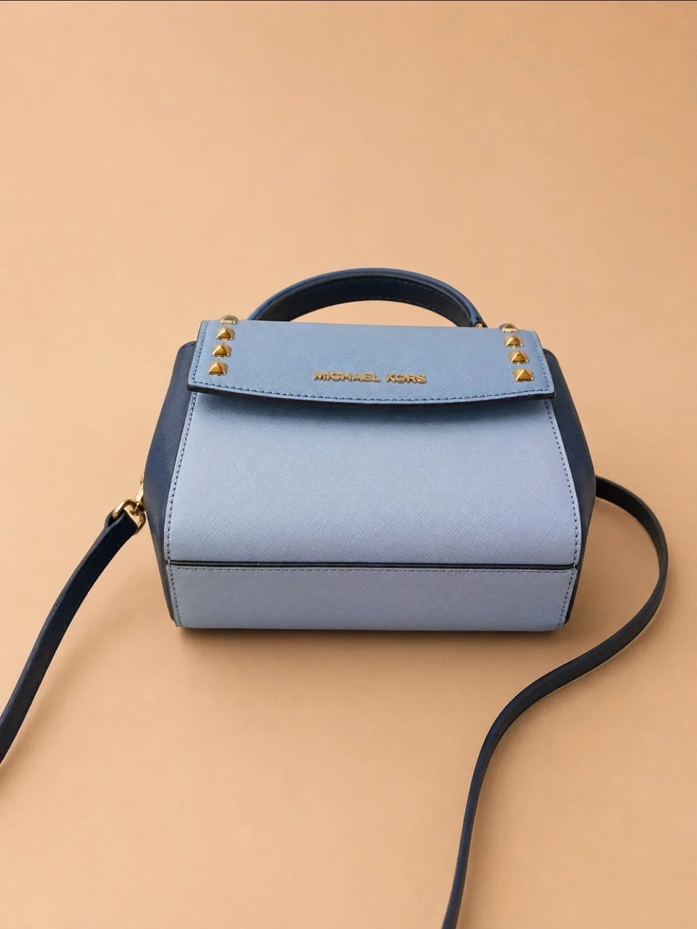 Michael Kors Two-Tone Blue Mini Satchel with Gold Hardware and matching wallet